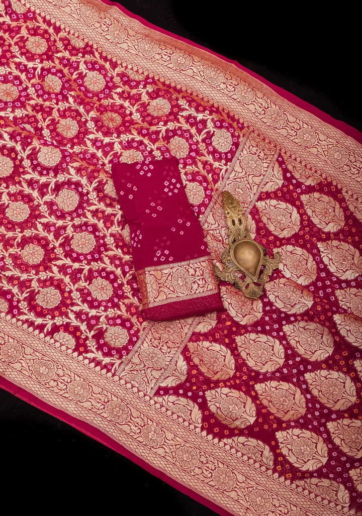 Authentic Hand Bandhej Banarasi Silk Saree in Pinkish Red | SILK MARK CERTIFIED