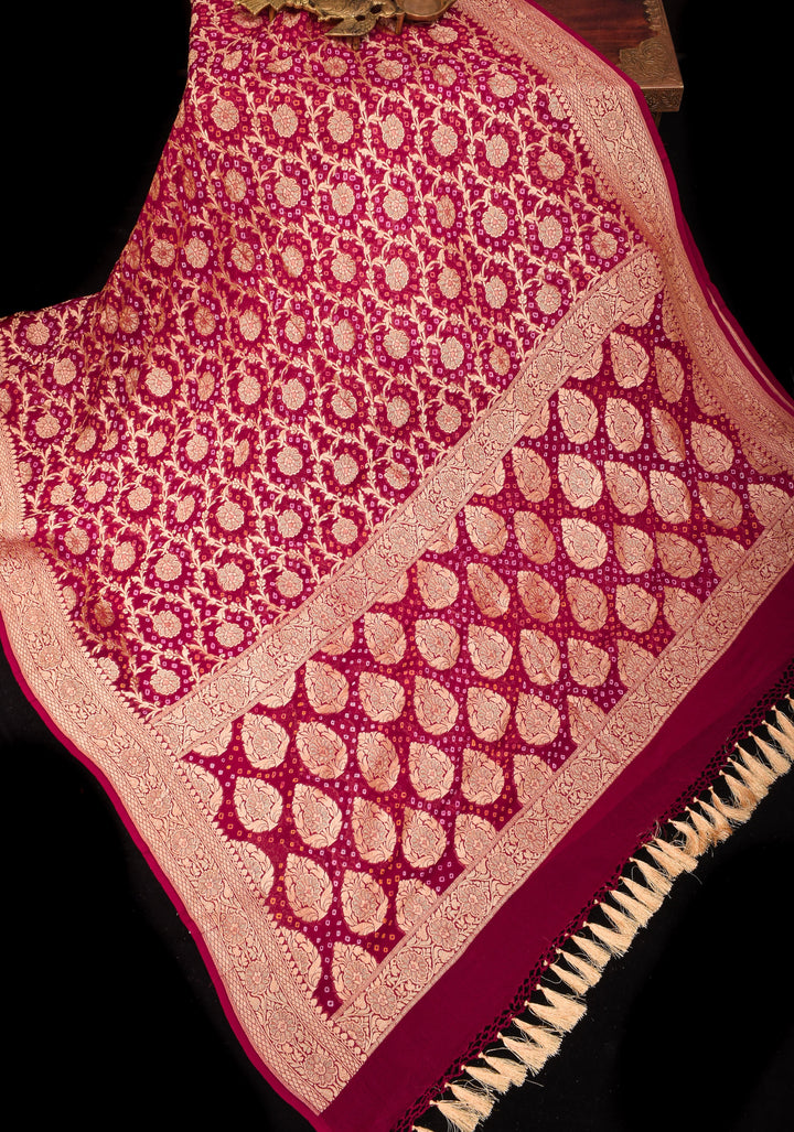 Authentic Hand Bandhej Banarasi Silk Saree in Pinkish Red | SILK MARK CERTIFIED