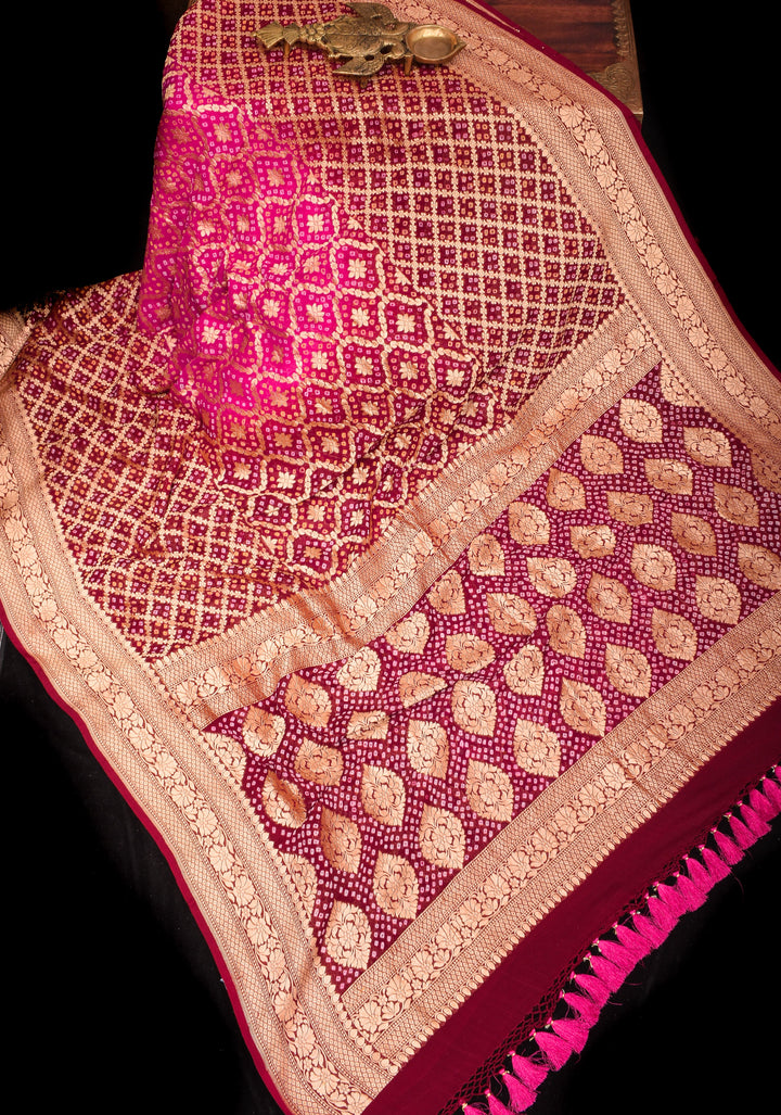 Authentic Hand Bandhej Banarasi Silk Georgette Ombre  Saree in Pink and Maroon | SILK MARKED CERTIFIED