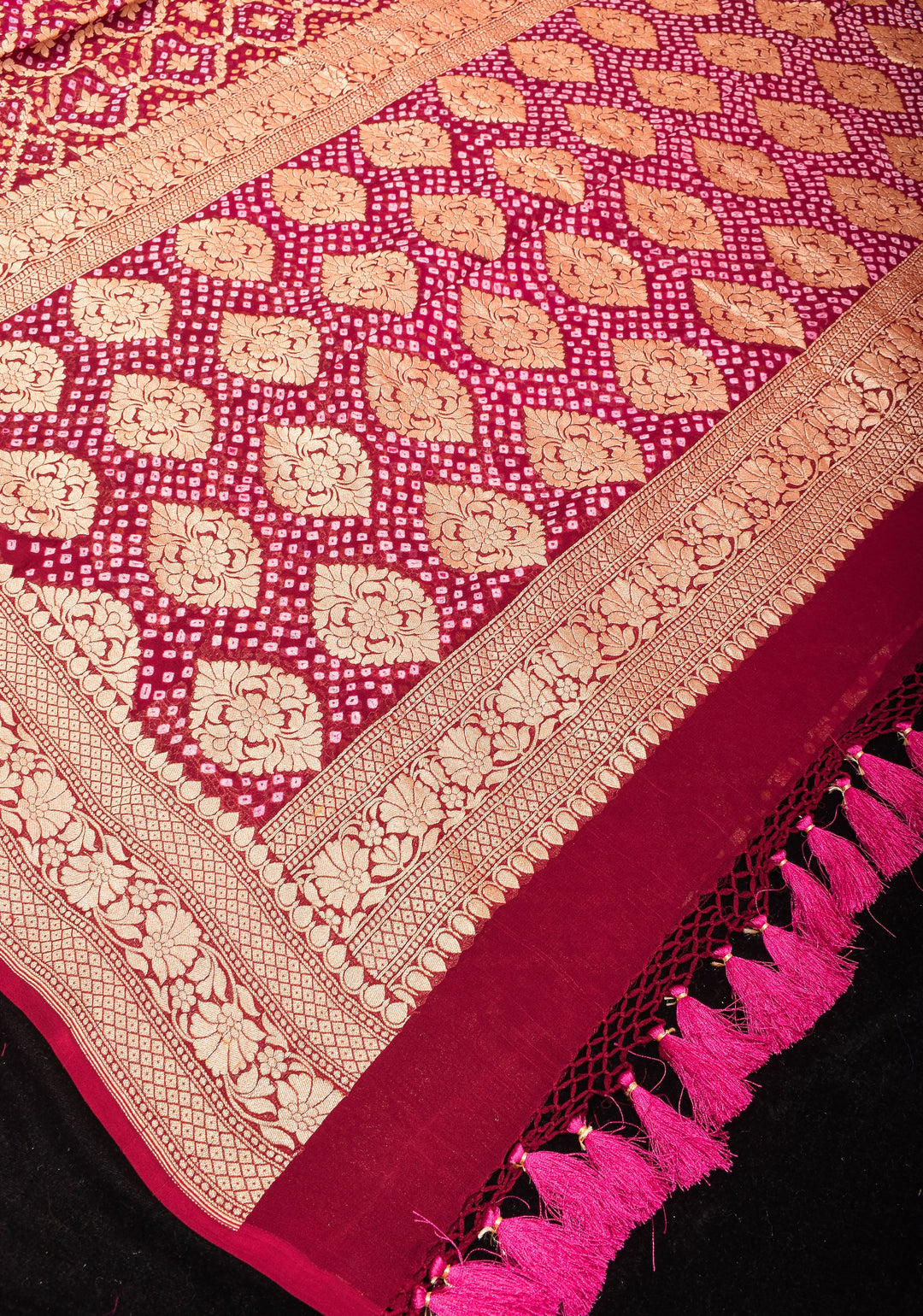 Authentic Hand Bandhej Banarasi Silk Georgette Ombre  Saree in Pink and Maroon | SILK MARKED CERTIFIED