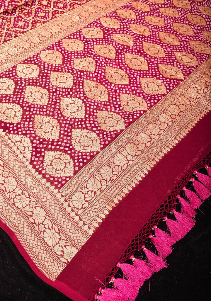 Authentic Hand Bandhej Banarasi Silk Georgette Ombre  Saree in Pink and Maroon | SILK MARKED CERTIFIED