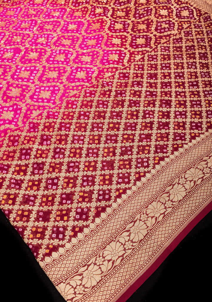 Authentic Hand Bandhej Banarasi Silk Georgette Ombre  Saree in Pink and Maroon | SILK MARKED CERTIFIED