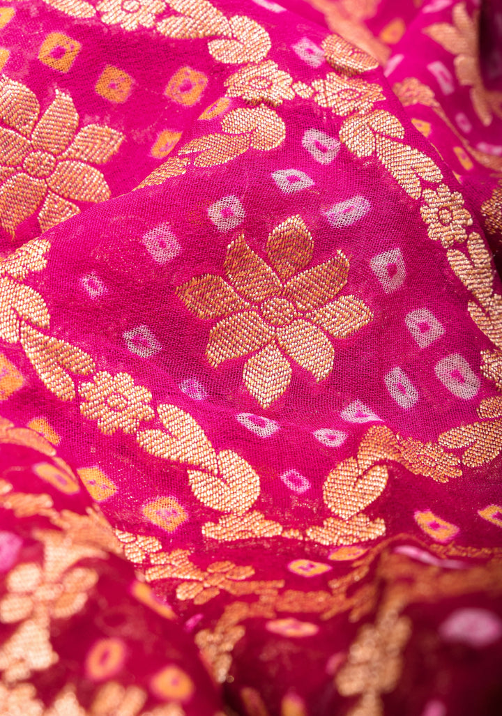 Authentic Hand Bandhej Banarasi Silk Georgette Ombre  Saree in Pink and Maroon | SILK MARKED CERTIFIED