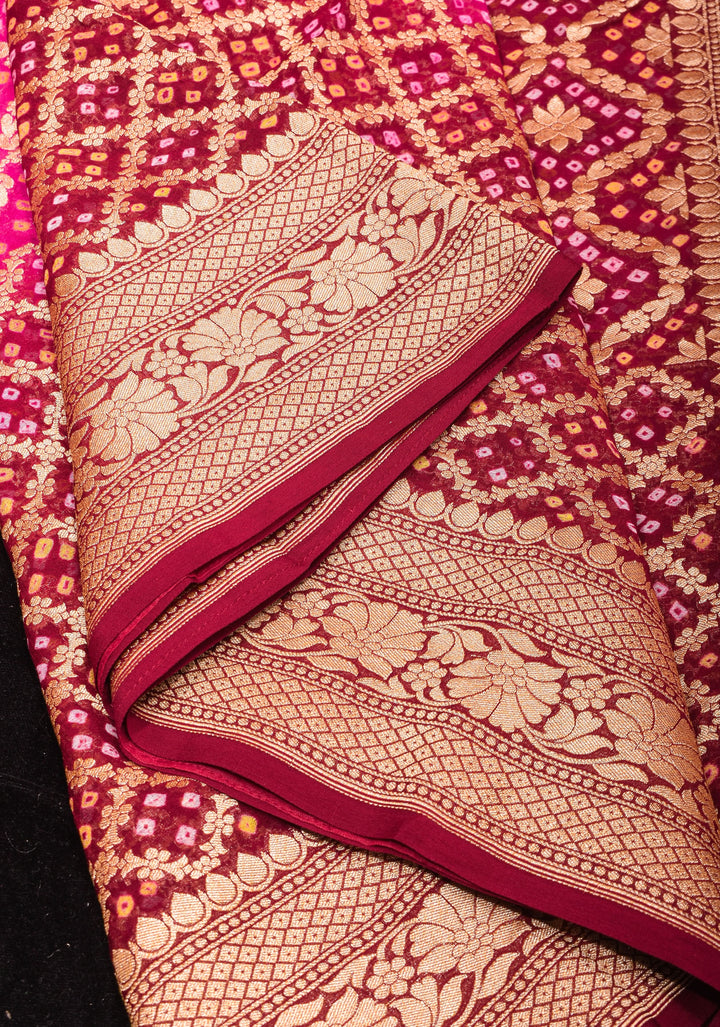 Authentic Hand Bandhej Banarasi Silk Georgette Ombre  Saree in Pink and Maroon | SILK MARKED CERTIFIED