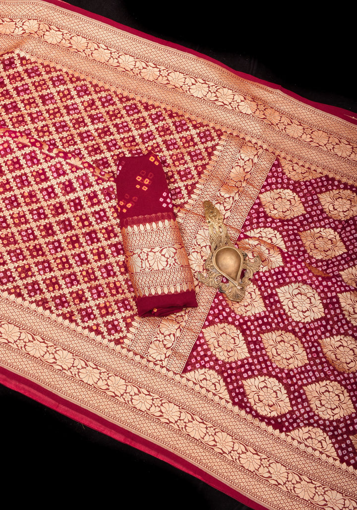 Authentic Hand Bandhej Banarasi Silk Georgette Ombre  Saree in Pink and Maroon | SILK MARKED CERTIFIED