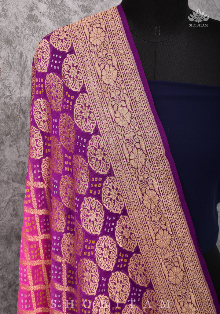 Pure Ombre Bandhej Banarasi Silk Georgette Dupatta in Pink and Purple Shades | SILK MARK CERTIFIED