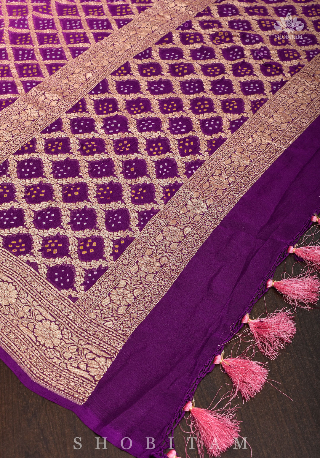 Pure Ombre Bandhej Banarasi Silk Georgette Dupatta in Pink and Purple Shades | SILK MARK CERTIFIED