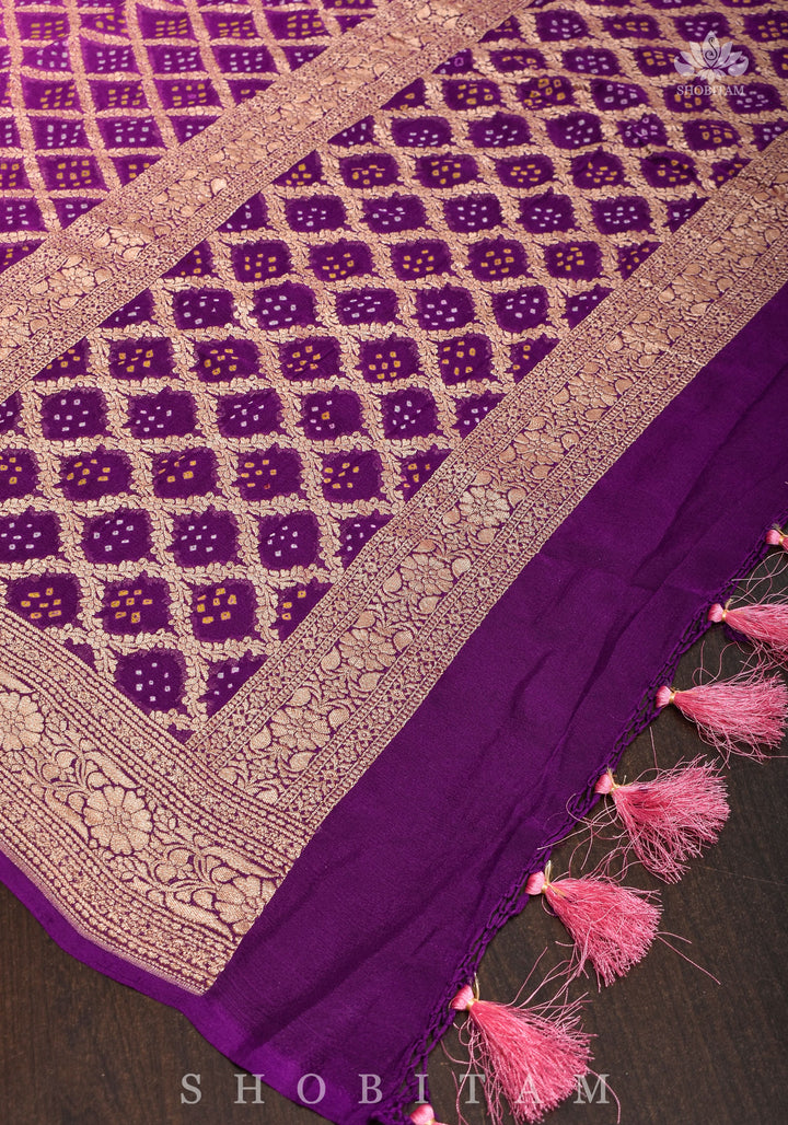 Pure Ombre Bandhej Banarasi Silk Georgette Dupatta in Pink and Purple Shades | SILK MARK CERTIFIED