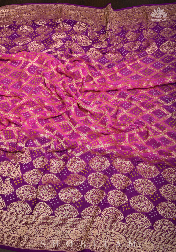 Pure Ombre Bandhej Banarasi Silk Georgette Dupatta in Pink and Purple Shades | SILK MARK CERTIFIED