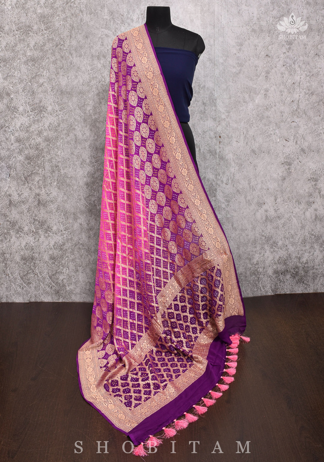 Pure Ombre Bandhej Banarasi Silk Georgette Dupatta in Pink and Purple Shades | SILK MARK CERTIFIED