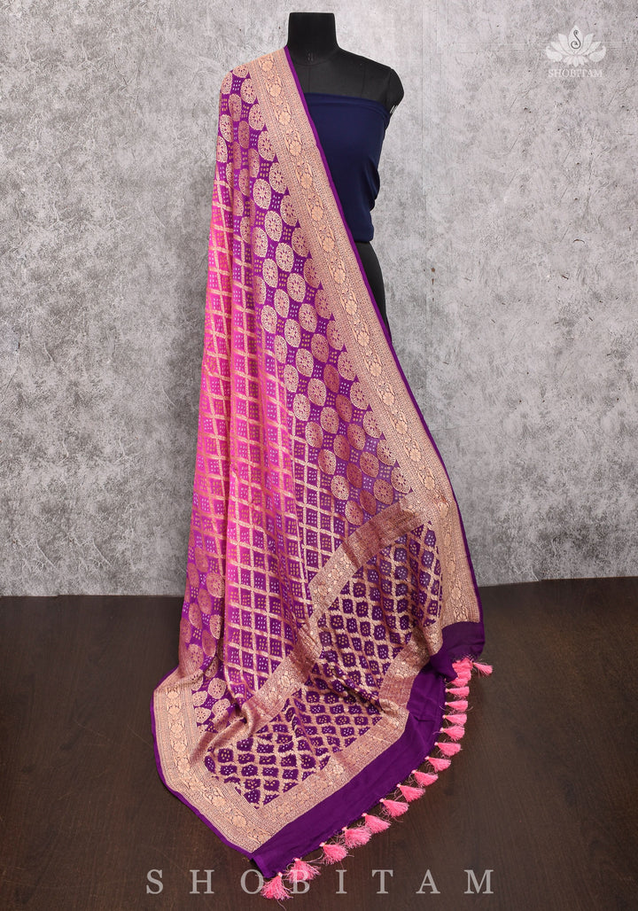 Pure Ombre Bandhej Banarasi Silk Georgette Dupatta in Pink and Purple Shades | SILK MARK CERTIFIED