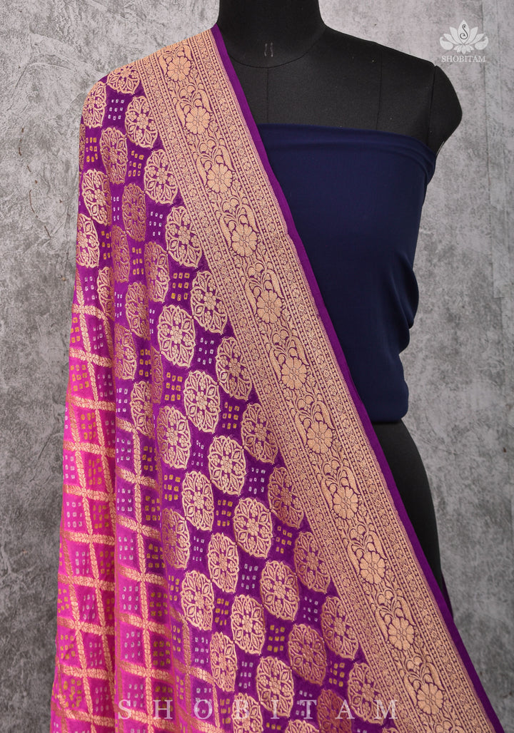 Pure Ombre Bandhej Banarasi Silk Georgette Dupatta in Pink and Purple Shades | SILK MARK CERTIFIED