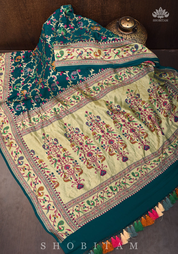 Paithani Design Four color Meenakari Shikkaargah Jaal on Pure Silk Georgette Hunter Green Saree | SILK MARK CERTIFIED