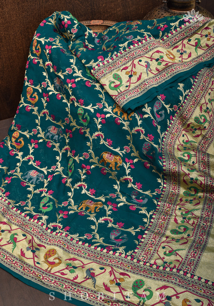 Paithani Design Four color Meenakari Shikkaargah Jaal on Pure Silk Georgette Hunter Green Saree | SILK MARK CERTIFIED