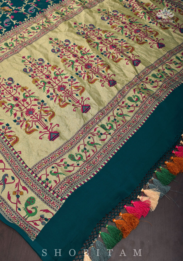 Paithani Design Four color Meenakari Shikkaargah Jaal on Pure Silk Georgette Hunter Green Saree | SILK MARK CERTIFIED