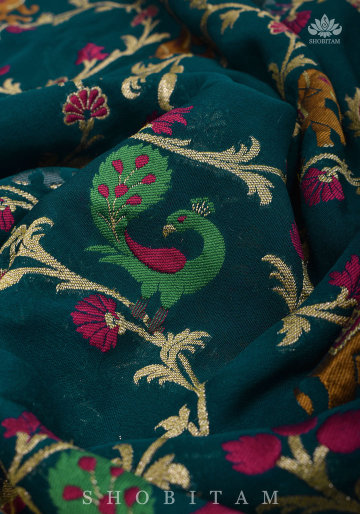 Paithani Design Four color Meenakari Shikkaargah Jaal on Pure Silk Georgette Hunter Green Saree | SILK MARK CERTIFIED