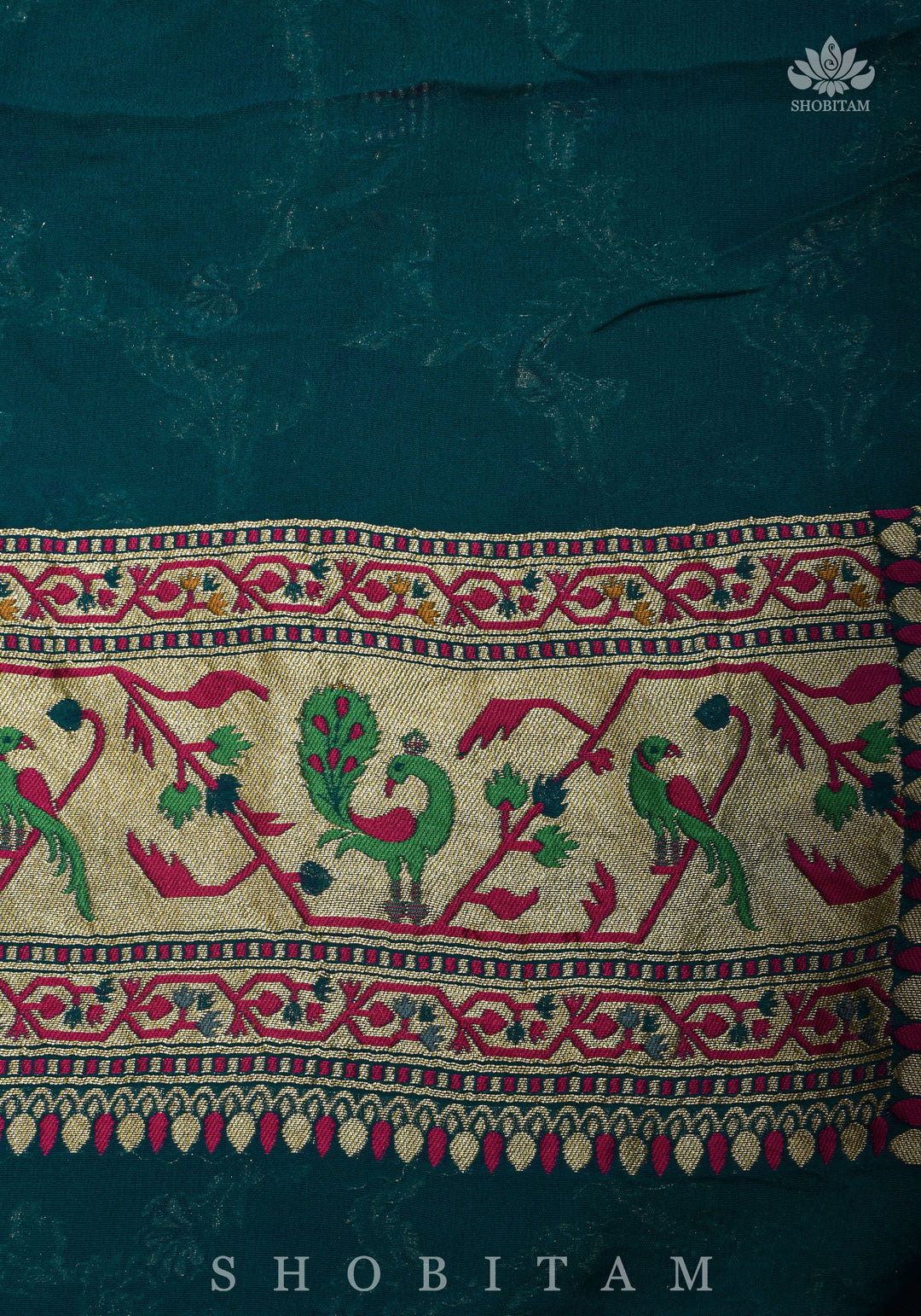 Paithani Design Four color Meenakari Shikkaargah Jaal on Pure Silk Georgette Hunter Green Saree | SILK MARK CERTIFIED