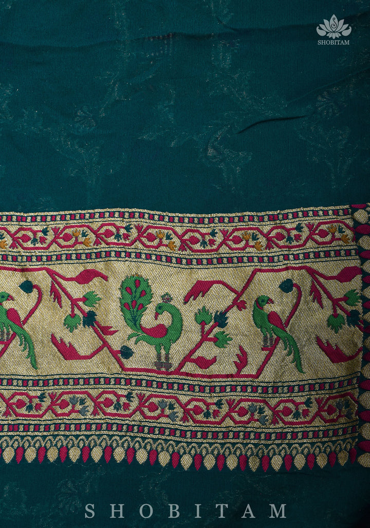 Paithani Design Four color Meenakari Shikkaargah Jaal on Pure Silk Georgette Hunter Green Saree | SILK MARK CERTIFIED