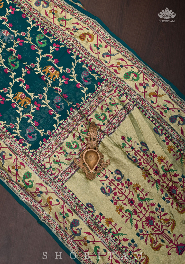 Paithani Design Four color Meenakari Shikkaargah Jaal on Pure Silk Georgette Hunter Green Saree | SILK MARK CERTIFIED