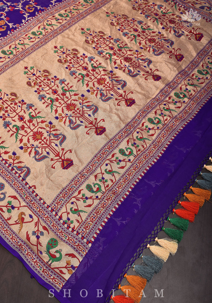 Purple Georgette Banarasi Silk Saree with Meenakari Shikkaargah Jaal  | Silk Mark Certified | Shobitam Saree