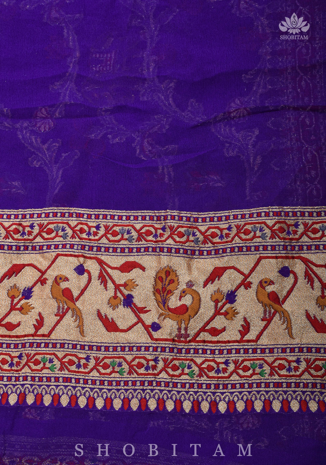 Purple Georgette Banarasi Silk Saree with Meenakari Shikkaargah Jaal  | Silk Mark Certified | Shobitam Saree