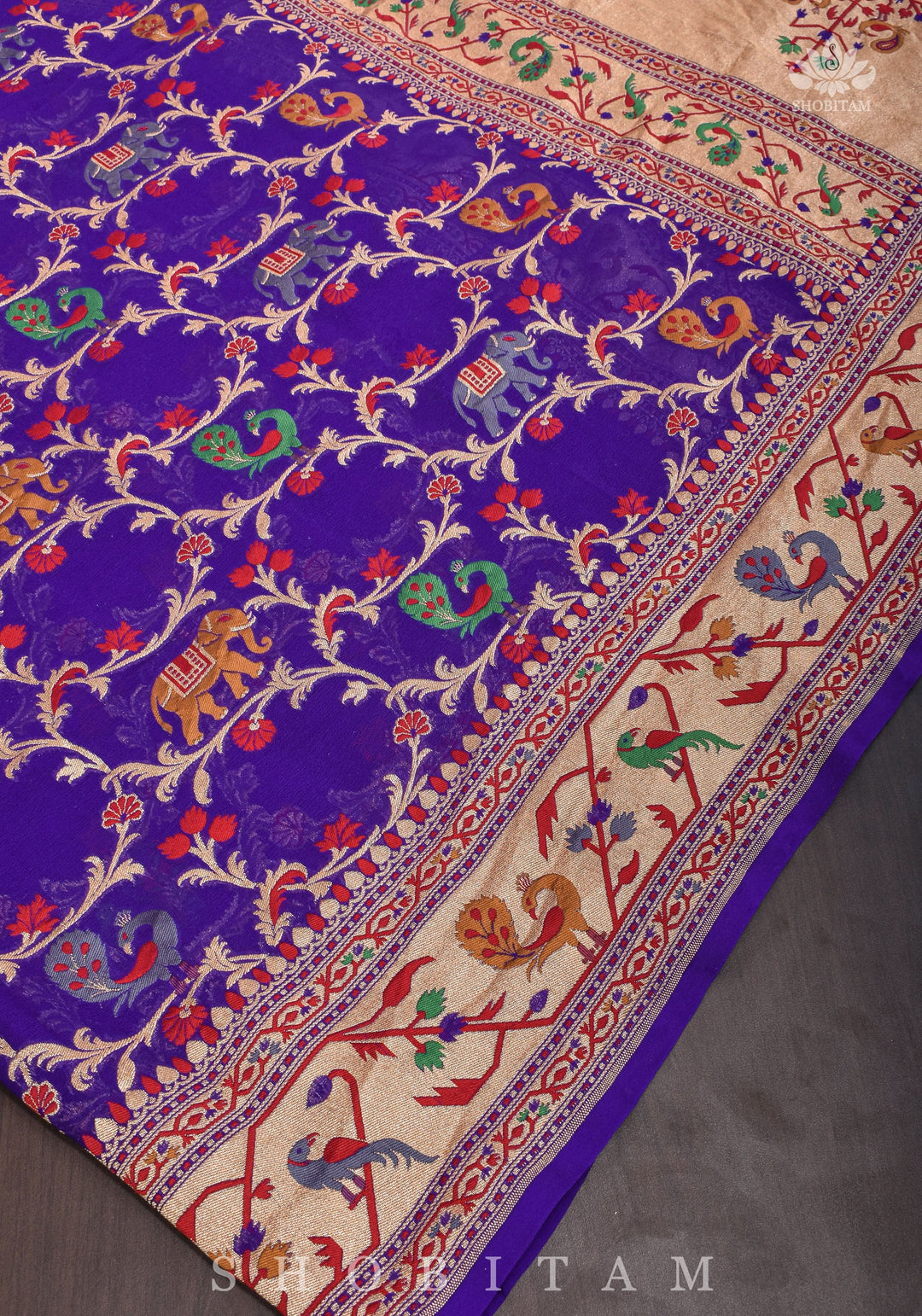 Purple Georgette Banarasi Silk Saree with Meenakari Shikkaargah Jaal  | Silk Mark Certified | Shobitam Saree