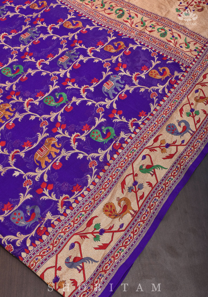 Purple Georgette Banarasi Silk Saree with Meenakari Shikkaargah Jaal  | Silk Mark Certified | Shobitam Saree