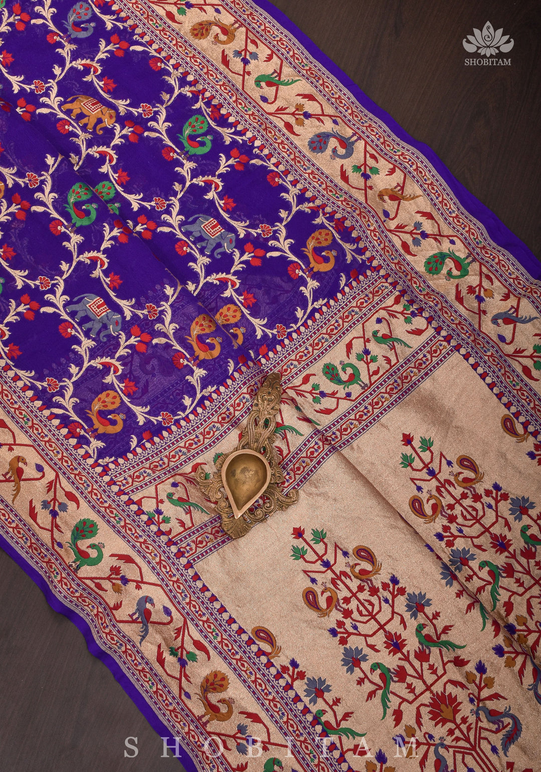 Purple Georgette Banarasi Silk Saree with Meenakari Shikkaargah Jaal  | Silk Mark Certified | Shobitam Saree