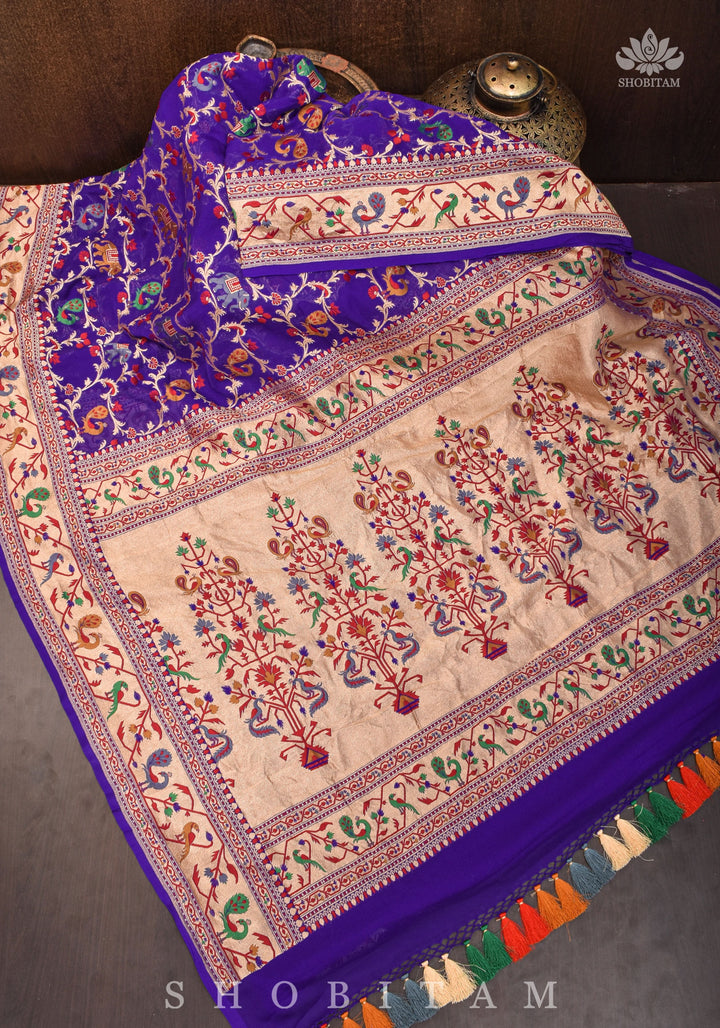 Purple Georgette Banarasi Silk Saree with Meenakari Shikkaargah Jaal  | Silk Mark Certified | Shobitam Saree