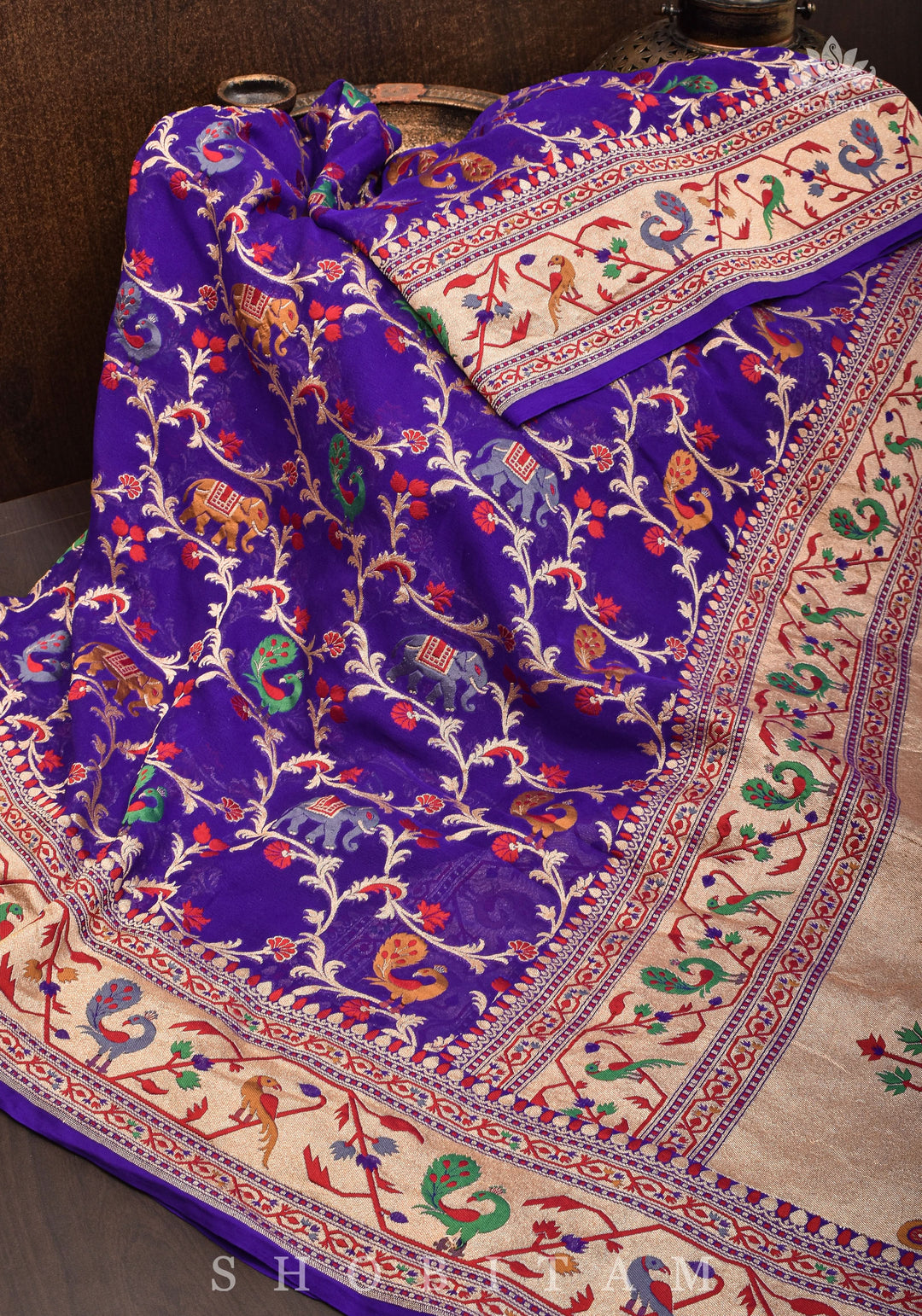 Purple Georgette Banarasi Silk Saree with Meenakari Shikkaargah Jaal  | Silk Mark Certified | Shobitam Saree