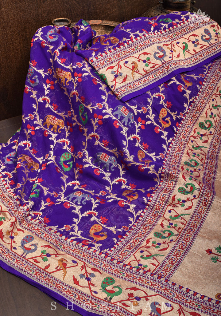 Purple Georgette Banarasi Silk Saree with Meenakari Shikkaargah Jaal  | Silk Mark Certified | Shobitam Saree