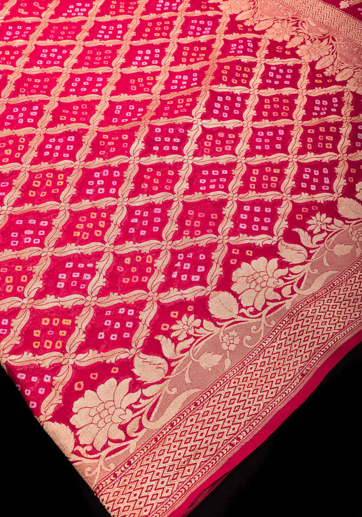 Authentic Hand Bandhej Banarasi Silk Georgette Saree in Red | SILK MARK CERTIFIED