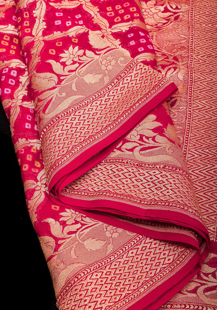 Authentic Hand Bandhej Banarasi Silk Georgette Saree in Red | SILK MARK CERTIFIED