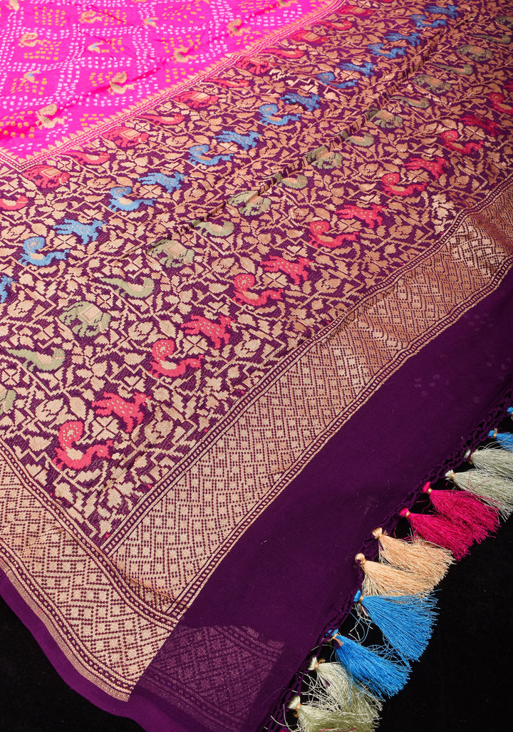 Authentic Sarkam Bandhej Silk Georgette Saree in Pink with Meenakari Skirt Border | SILK MARK CERTIFIED