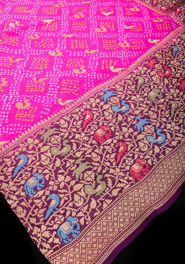 Authentic Sarkam Bandhej Silk Georgette Saree in Pink with Meenakari Skirt Border | SILK MARK CERTIFIED