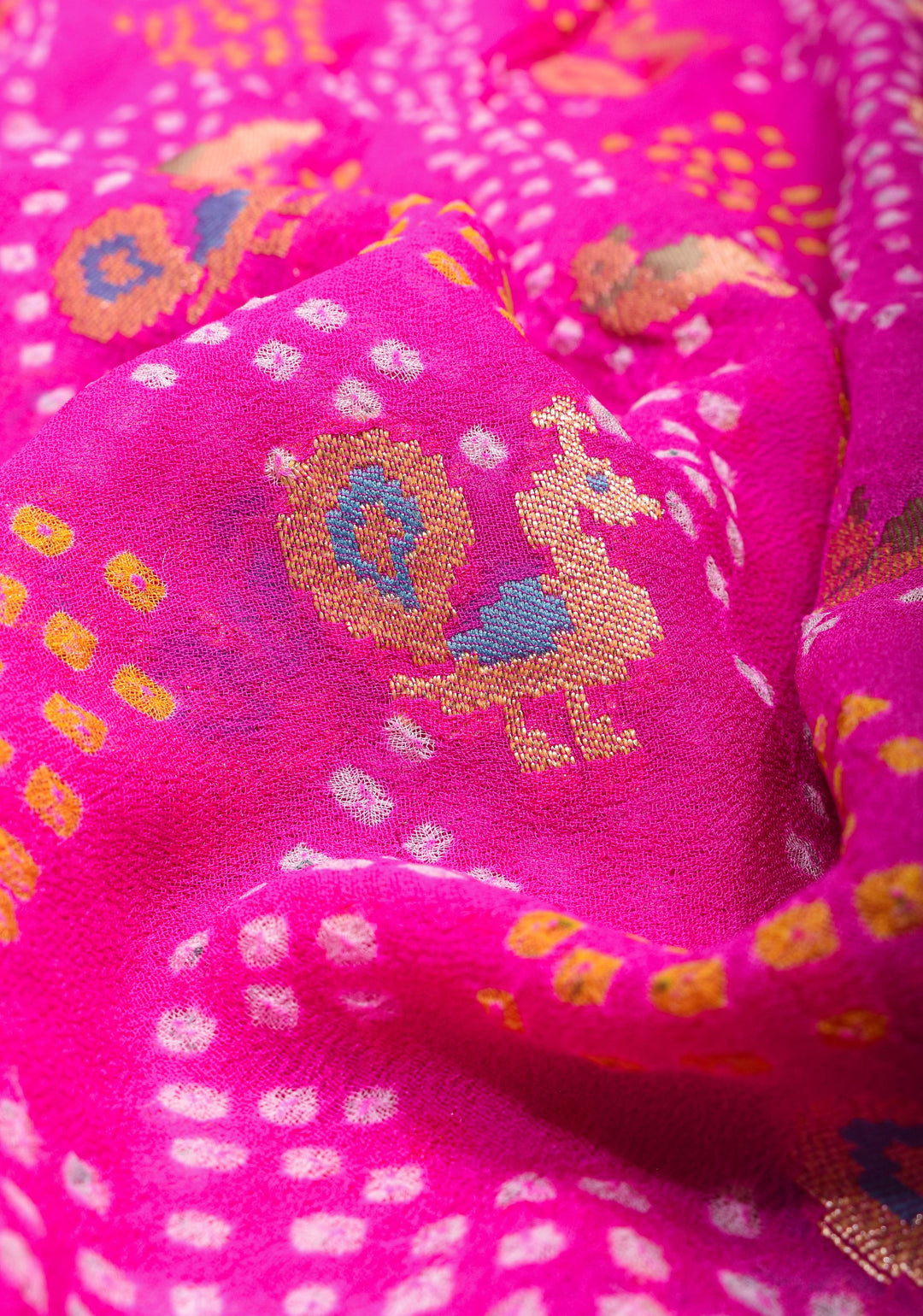 Authentic Sarkam Bandhej Silk Georgette Saree in Pink with Meenakari Skirt Border | SILK MARK CERTIFIED