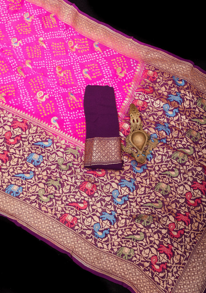 Authentic Sarkam Bandhej Silk Georgette Saree in Pink with Meenakari Skirt Border | SILK MARK CERTIFIED