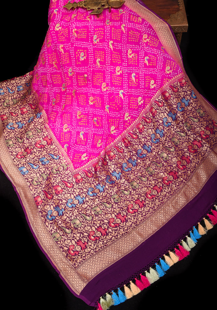 Authentic Sarkam Bandhej Silk Georgette Saree in Pink with Meenakari Skirt Border | SILK MARK CERTIFIED