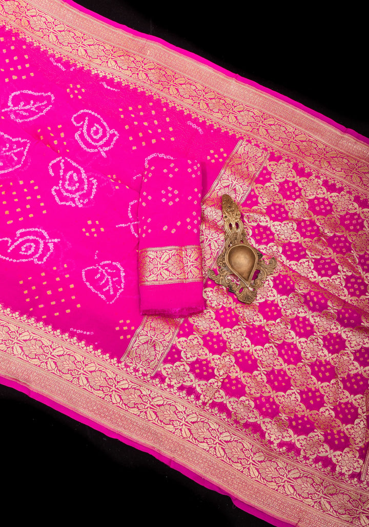 Sarkam Bandhej Design on Banarasi Pure Silk Georgette in Pink | SILK MARK CERTIFIED