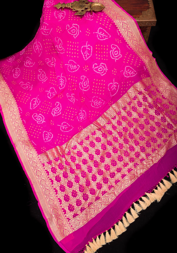 Sarkam Bandhej Design on Banarasi Pure Silk Georgette in Pink | SILK MARK CERTIFIED