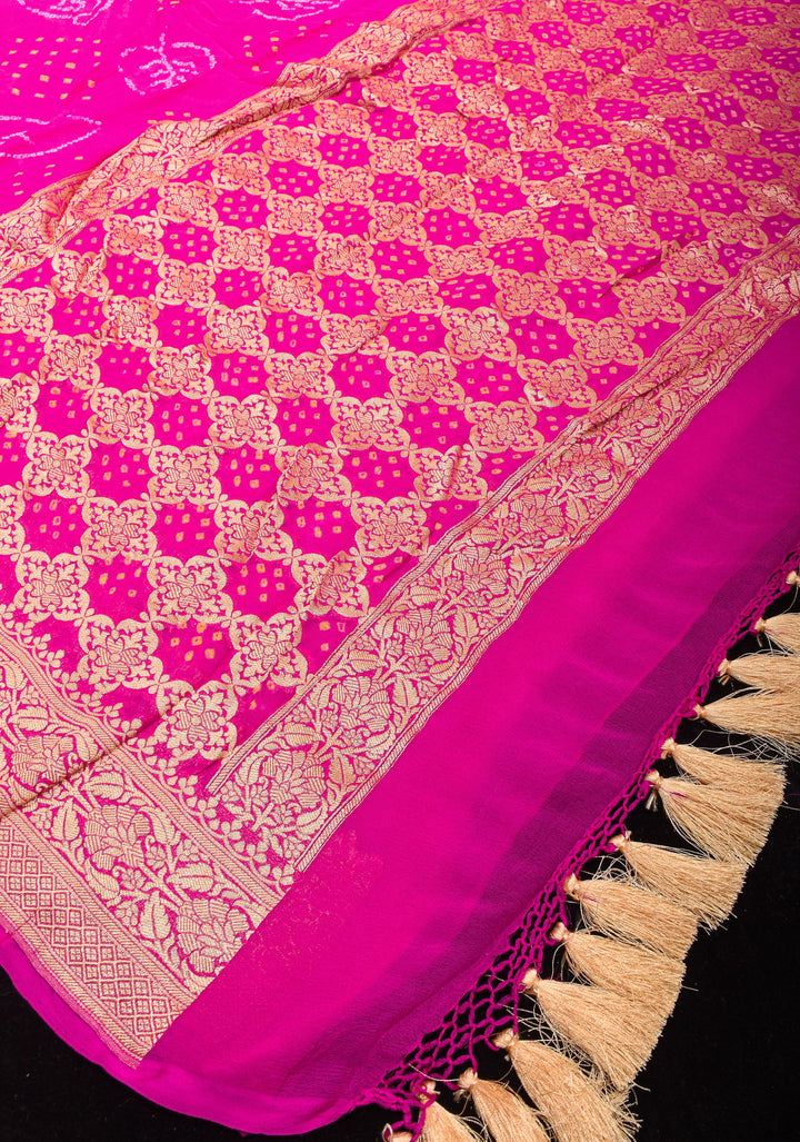 Sarkam Bandhej Design on Banarasi Pure Silk Georgette in Pink | SILK MARK CERTIFIED