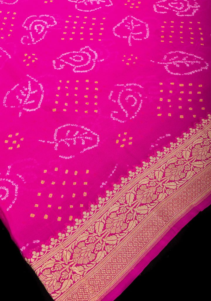 Sarkam Bandhej Design on Banarasi Pure Silk Georgette in Pink | SILK MARK CERTIFIED