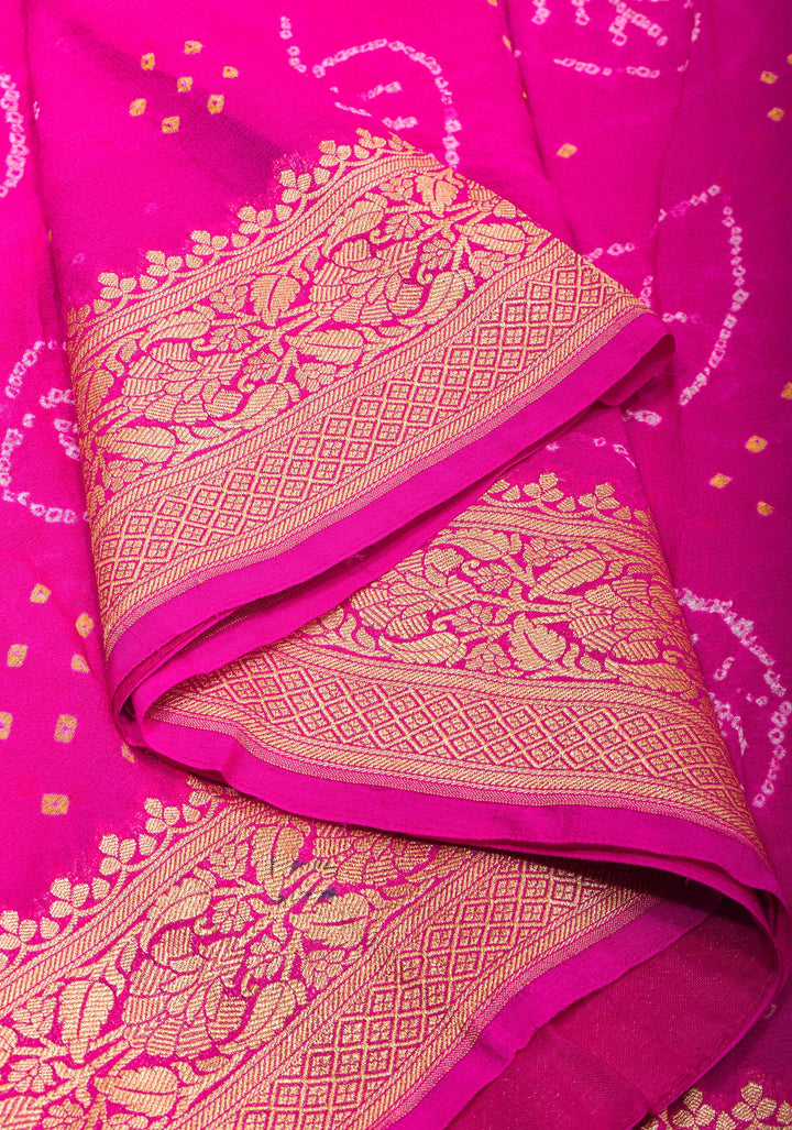 Sarkam Bandhej Design on Banarasi Pure Silk Georgette in Pink | SILK MARK CERTIFIED