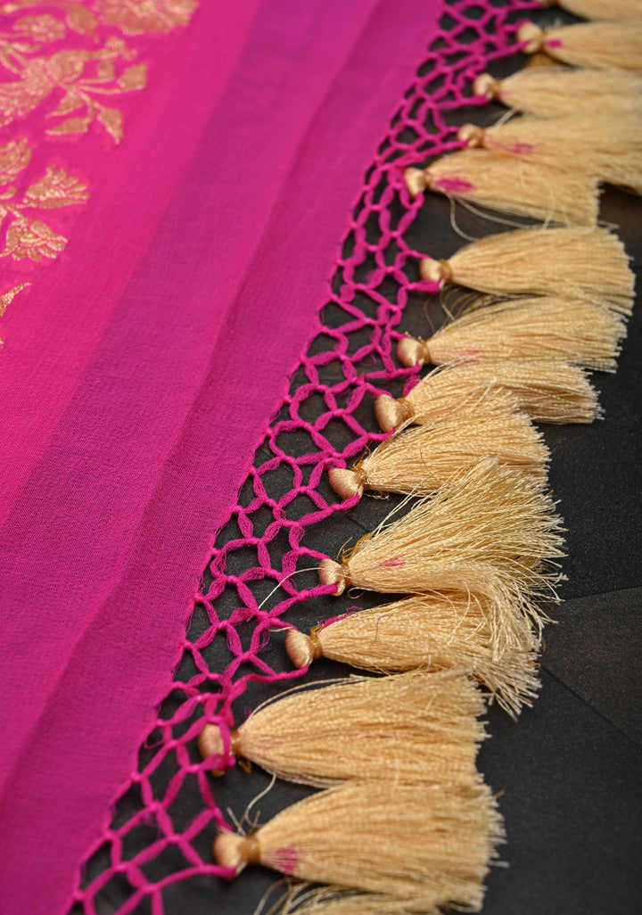 Shades of Pink Color Authentic Shikaargah Peacock Parrot Jaal Pure Silk Georgette Banarasi Saree | SILK MARK CERTIFIED