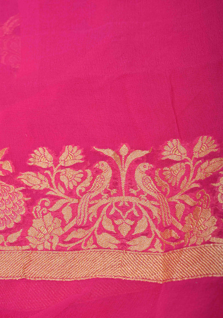 Shades of Pink Color Authentic Shikaargah Peacock Parrot Jaal Pure Silk Georgette Banarasi Saree | SILK MARK CERTIFIED