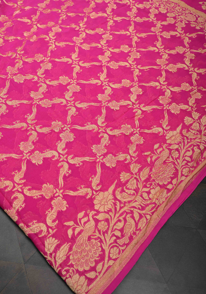 Shades of Pink Color Authentic Shikaargah Peacock Parrot Jaal Pure Silk Georgette Banarasi Saree | SILK MARK CERTIFIED