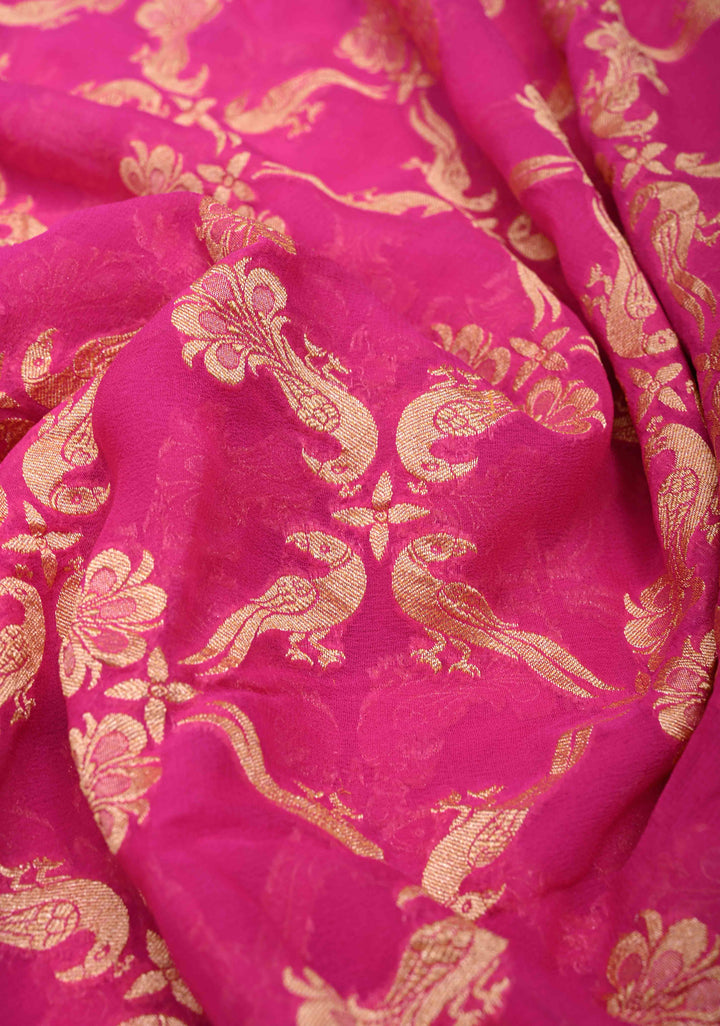 Shades of Pink Color Authentic Shikaargah Peacock Parrot Jaal Pure Silk Georgette Banarasi Saree | SILK MARK CERTIFIED