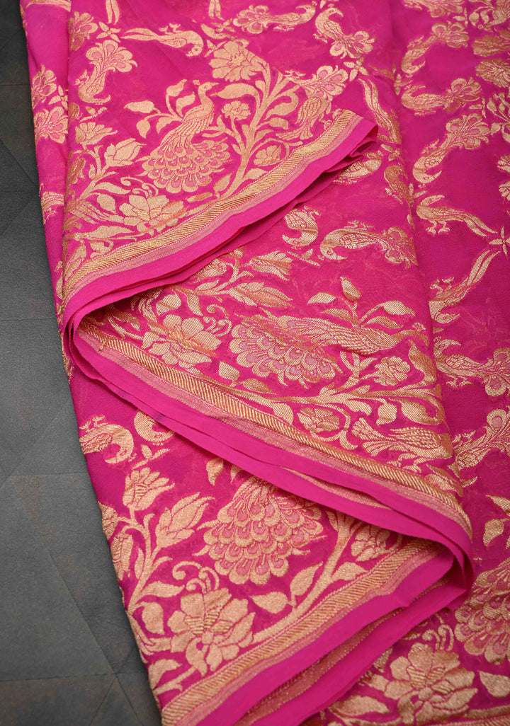 Shades of Pink Color Authentic Shikaargah Peacock Parrot Jaal Pure Silk Georgette Banarasi Saree | SILK MARK CERTIFIED