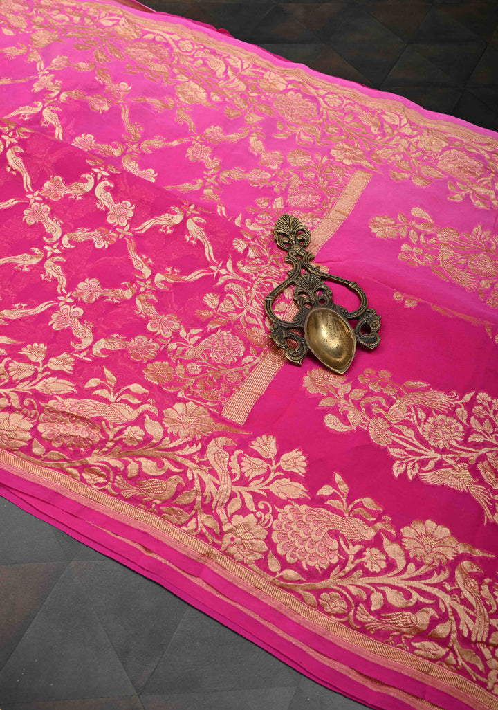 Shades of Pink Color Authentic Shikaargah Peacock Parrot Jaal Pure Silk Georgette Banarasi Saree | SILK MARK CERTIFIED