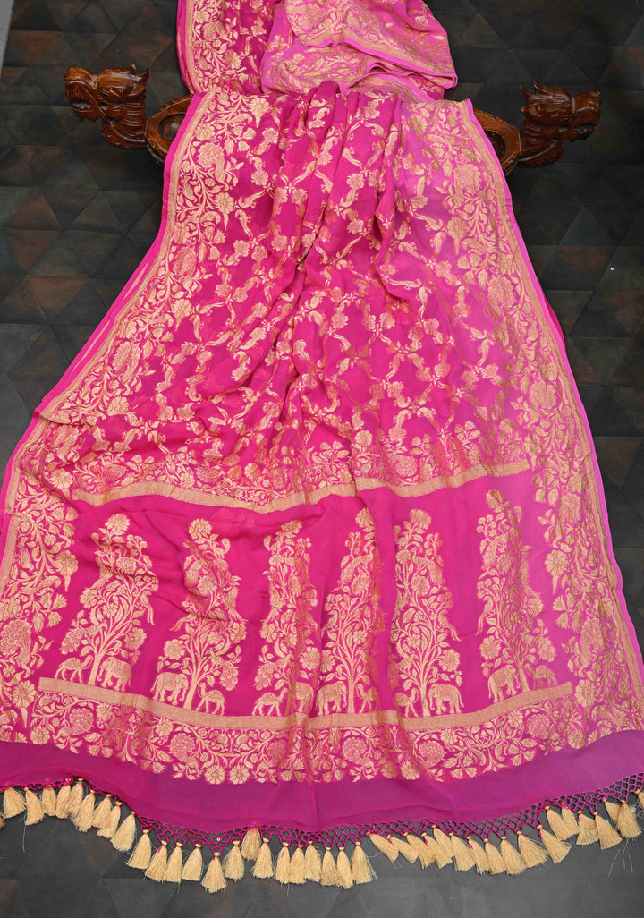 Shades of Pink Color Authentic Shikaargah Peacock Parrot Jaal Pure Silk Georgette Banarasi Saree | SILK MARK CERTIFIED